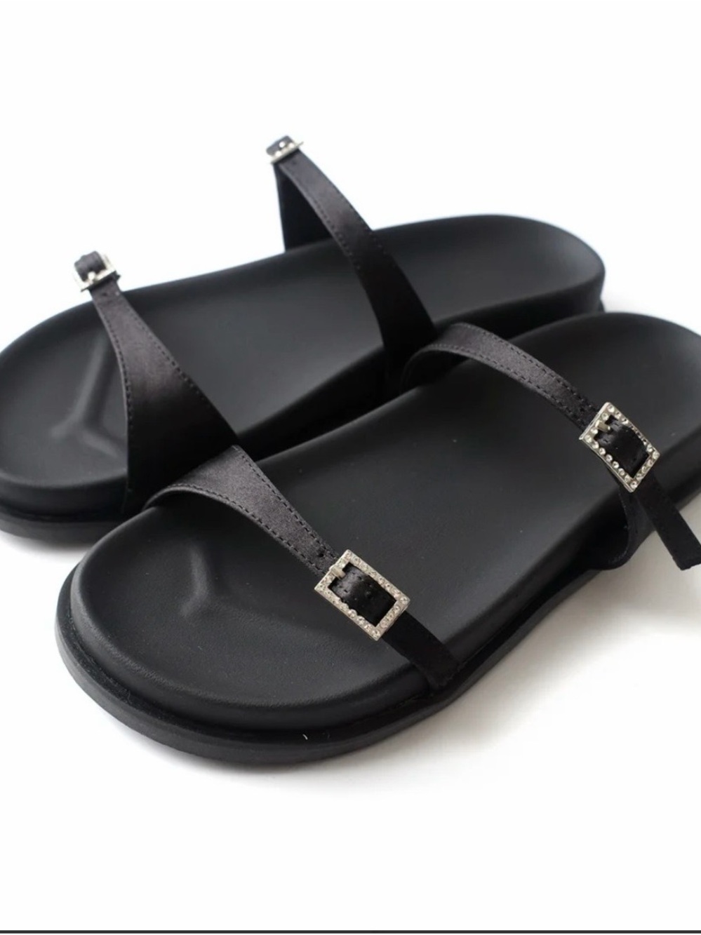 Black Strappy Slide Sandals with Rhinestone Buckles